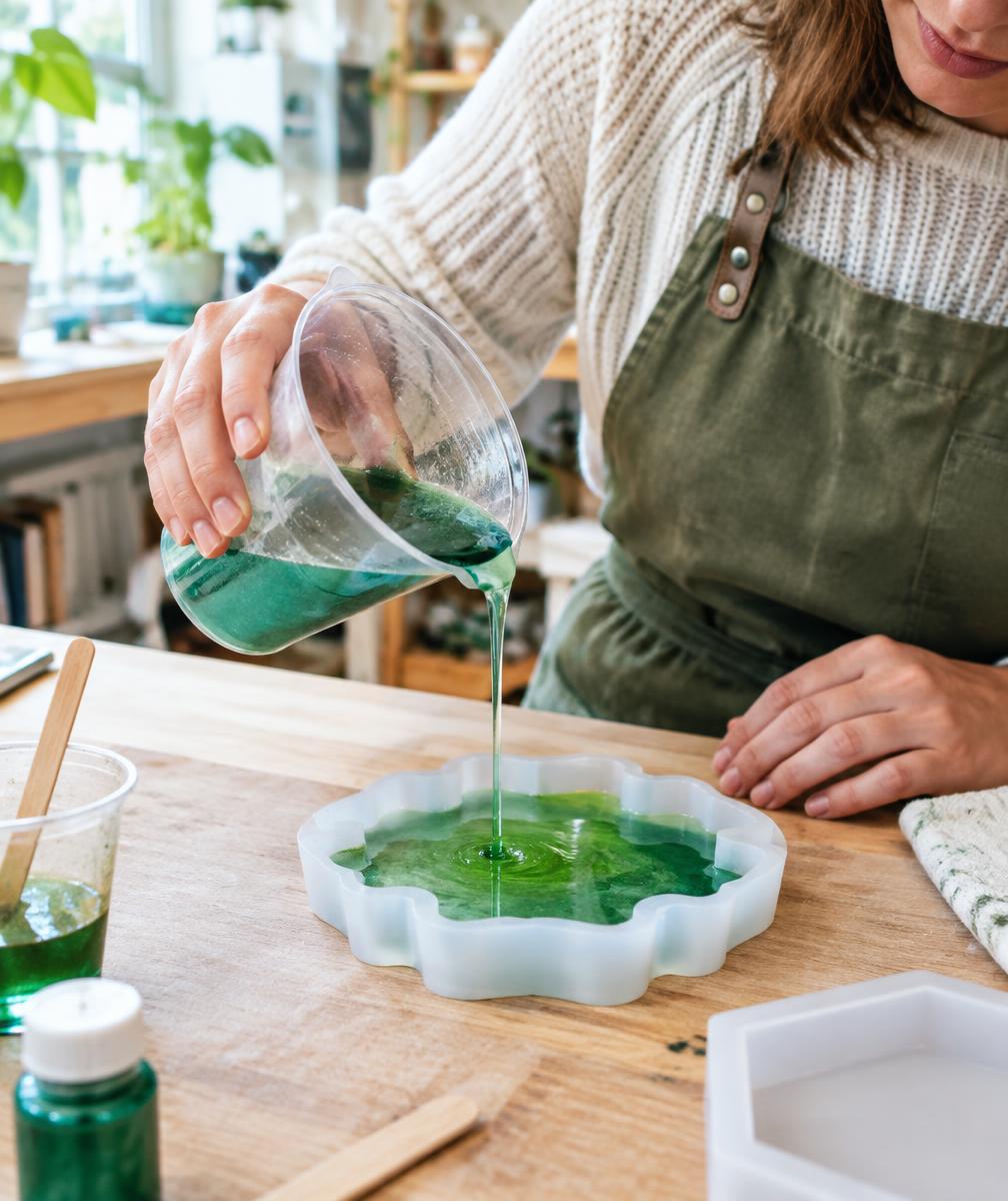 Béa coulant de la résine verte dans un moule à l'atelier